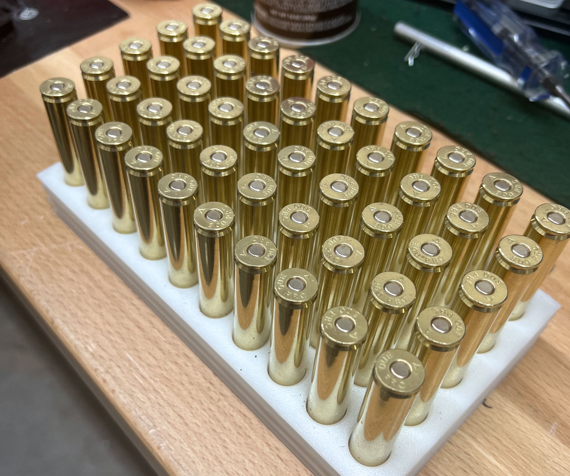 A block of 300 PRC brass primed with Federal 210Ms. 